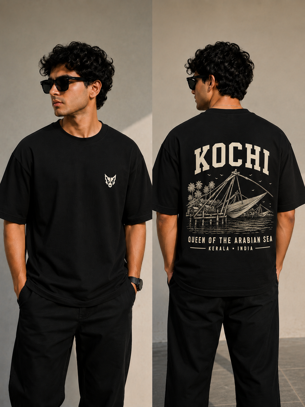 A man modeling a black short-sleeve t-shirt, shown from both the front and back. The front features a small white chest graphic, while the back displays a large cream-colored graphic with the text 'KOCHI QUEEN OF THE ARABIAN SEA KERALA INDIA' and an illustration of a traditional fishing boat.