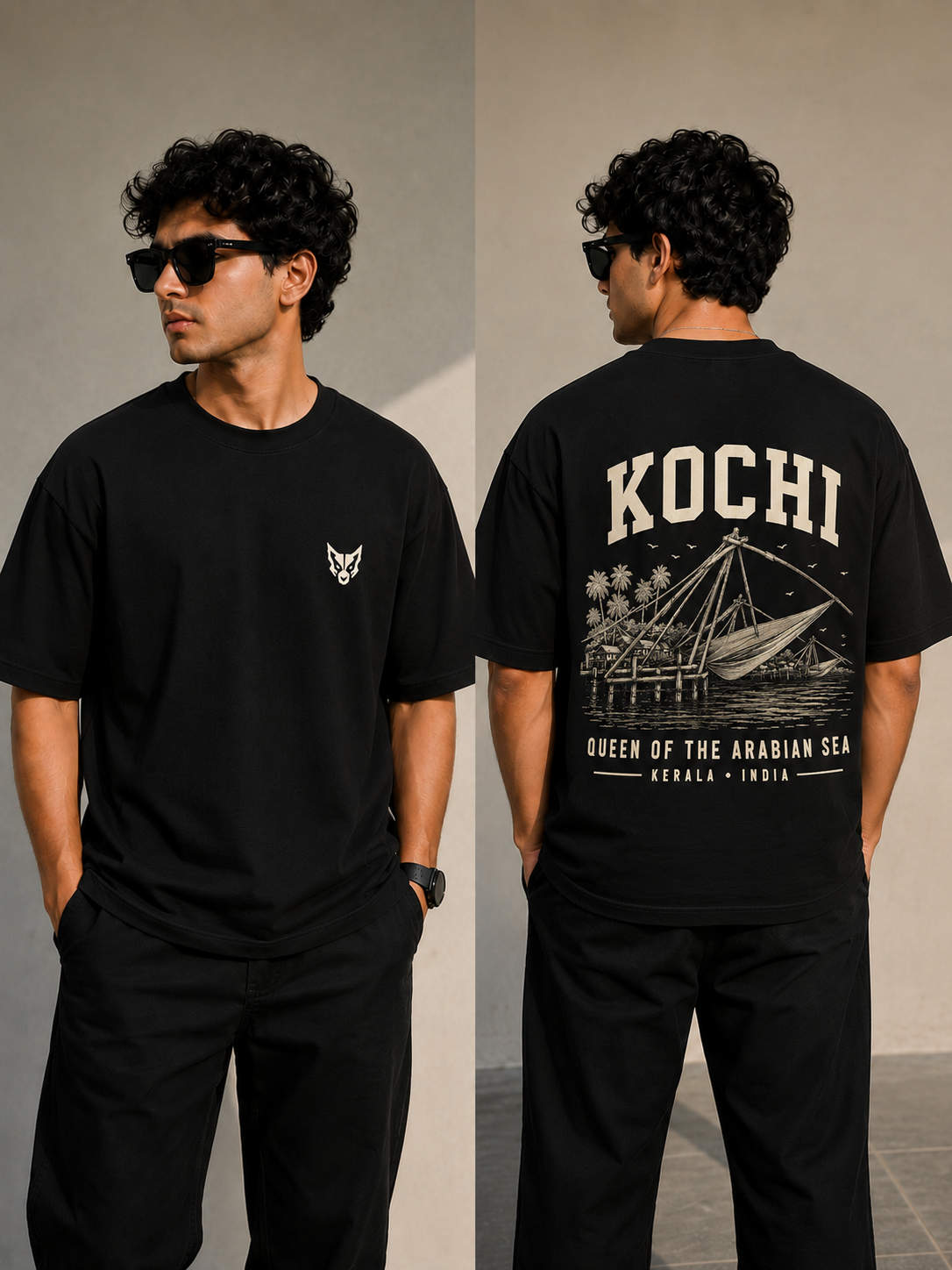 A man modeling a black short-sleeve t-shirt, shown from both the front and back. The front features a small white chest graphic, while the back displays a large cream-colored graphic with the text 'KOCHI QUEEN OF THE ARABIAN SEA KERALA INDIA' and an illustration of a traditional fishing boat.