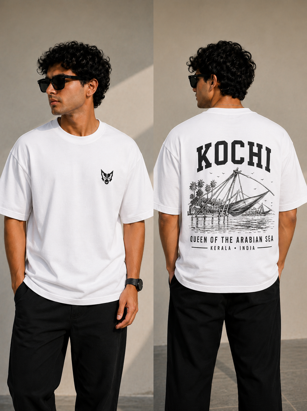 A man modeling a white short-sleeve T-shirt shown from both front and back. The front has a small black chest graphic, and the back features a large black graphic with the word 'KOCHI' and text reading 'QUEEN OF THE ARABIAN SEA' and 'HEPRA - INDIA.
