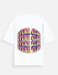 A white short-sleeve crewneck t-shirt featuring a large graphic print on the front. The graphic consists of the word 'AYENA CLUB' repeated in a 3D block-letter style, with a color gradient transitioning from yellow to orange to red, outlined in dark blue.