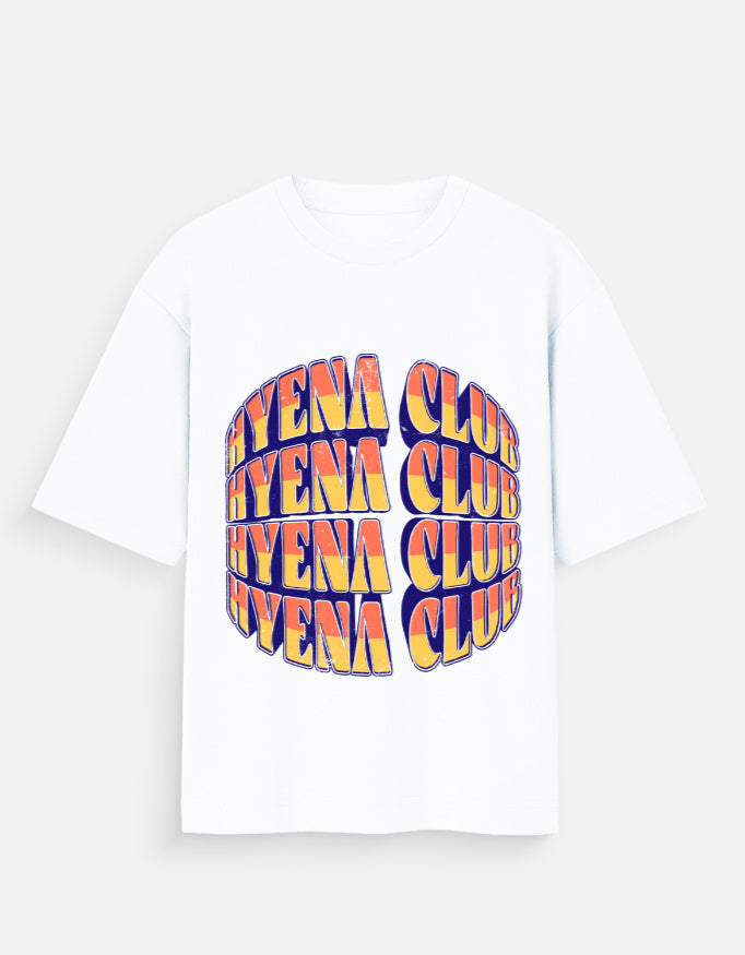 A white short-sleeve crewneck t-shirt featuring a large graphic print on the front. The graphic consists of the word 'AYENA CLUB' repeated in a 3D block-letter style, with a color gradient transitioning from yellow to orange to red, outlined in dark blue.