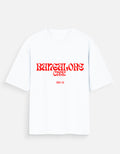 A white short-sleeve t-shirt with 'BANGALORE City
' printed in a red stylized font across the chest, and 'EVT 02' in smaller red text below it, displayed on a light gray background.