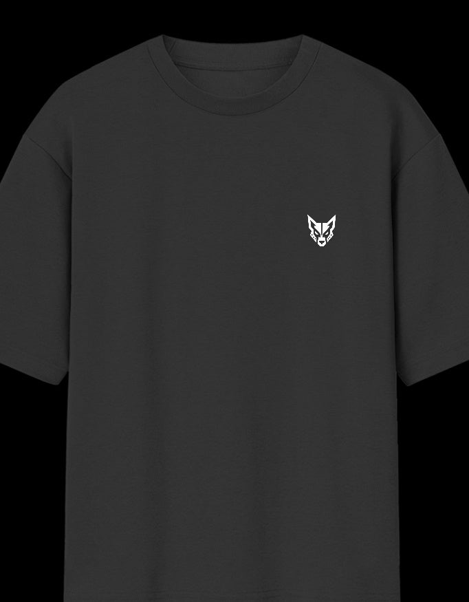 Black t-shirt with a brand logo design on a plain background