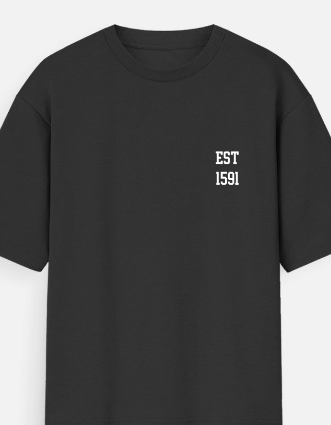 Black t-shirt with a logo on the chest against a white background