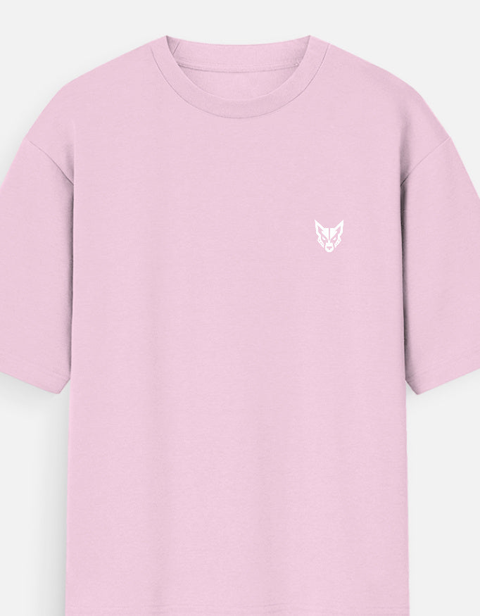 A light pink short-sleeve crewneck t-shirt with a small white embroidered fox head logo on the left chest, shown against a light gray background.