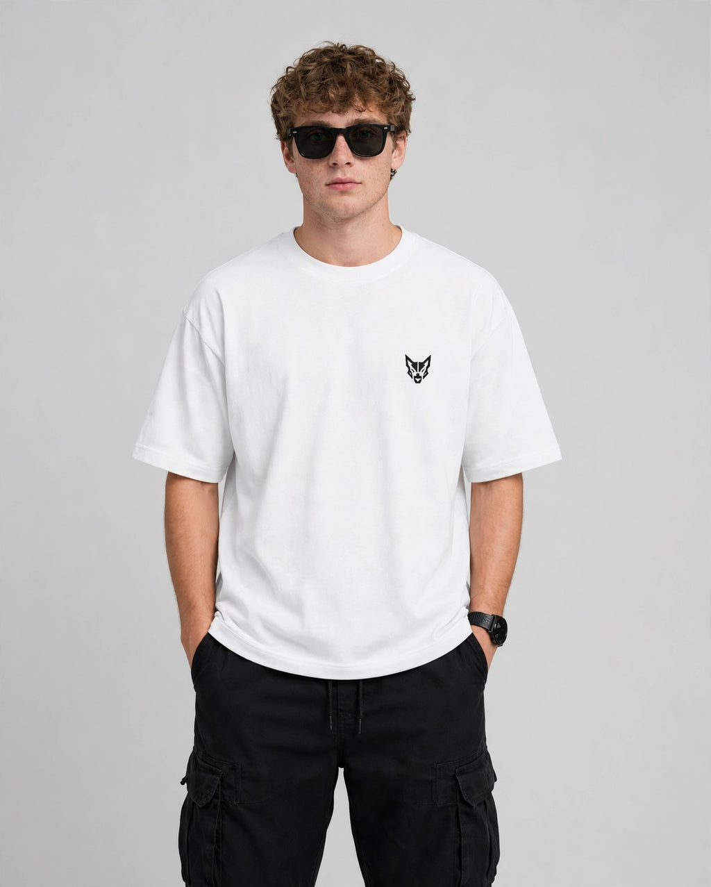 A man wearing a white crewneck t-shirt with a small black wolf head logo on the left chest, paired with black cargo pants and sunglasses, standing against a light gray studio background.