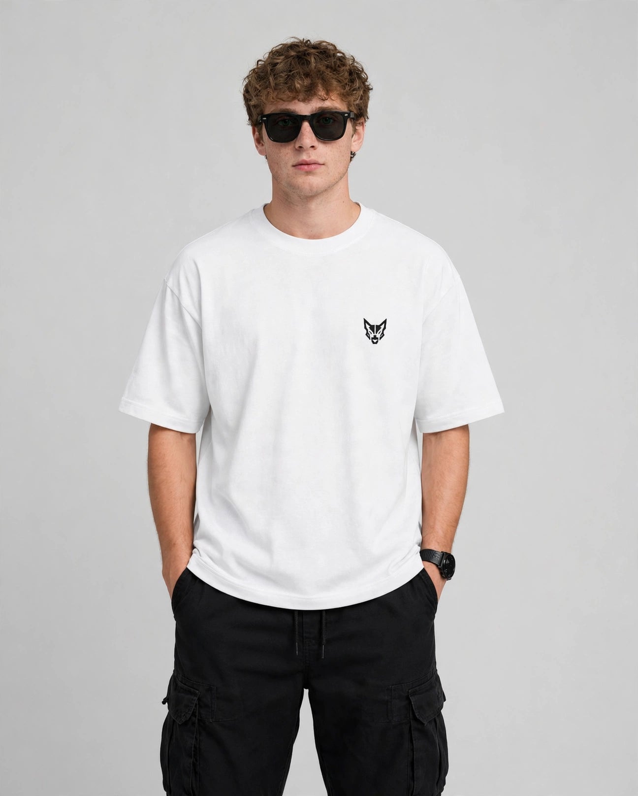 A man wearing a white crewneck t-shirt with a small black wolf head logo on the left chest, paired with black cargo pants and sunglasses, standing against a light gray studio background.