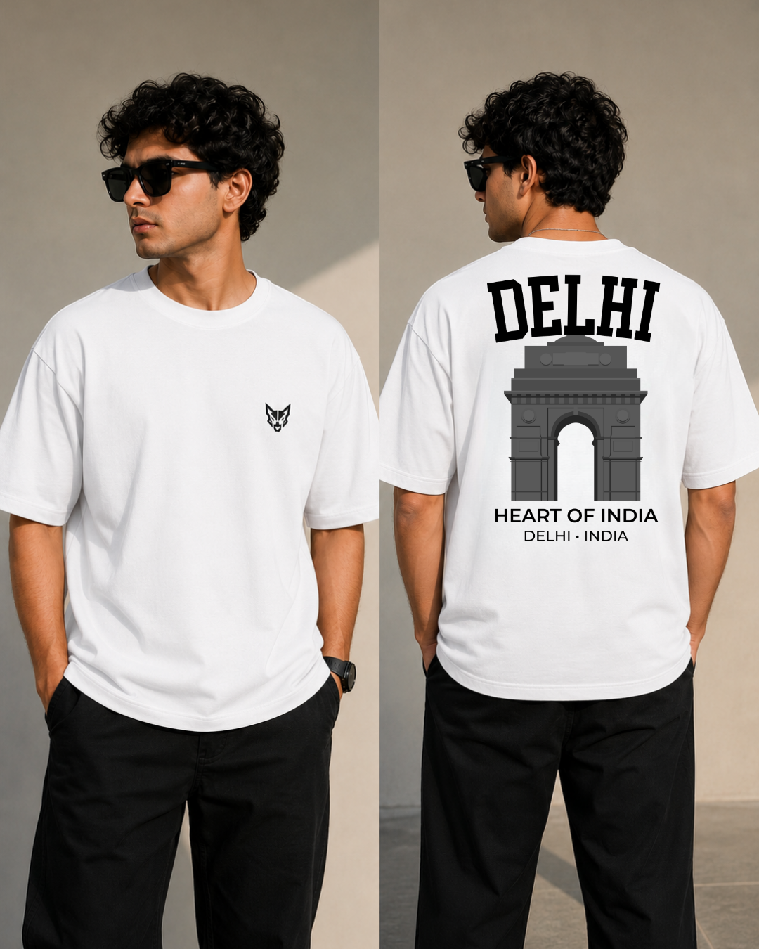 A man modeling a white short-sleeve T-shirt shown from both front and back. The front has a small black chest graphic, and the back features a large black graphic of the Delhi Gate with the text 'DELHI' and 'HEART OF INDIA'.