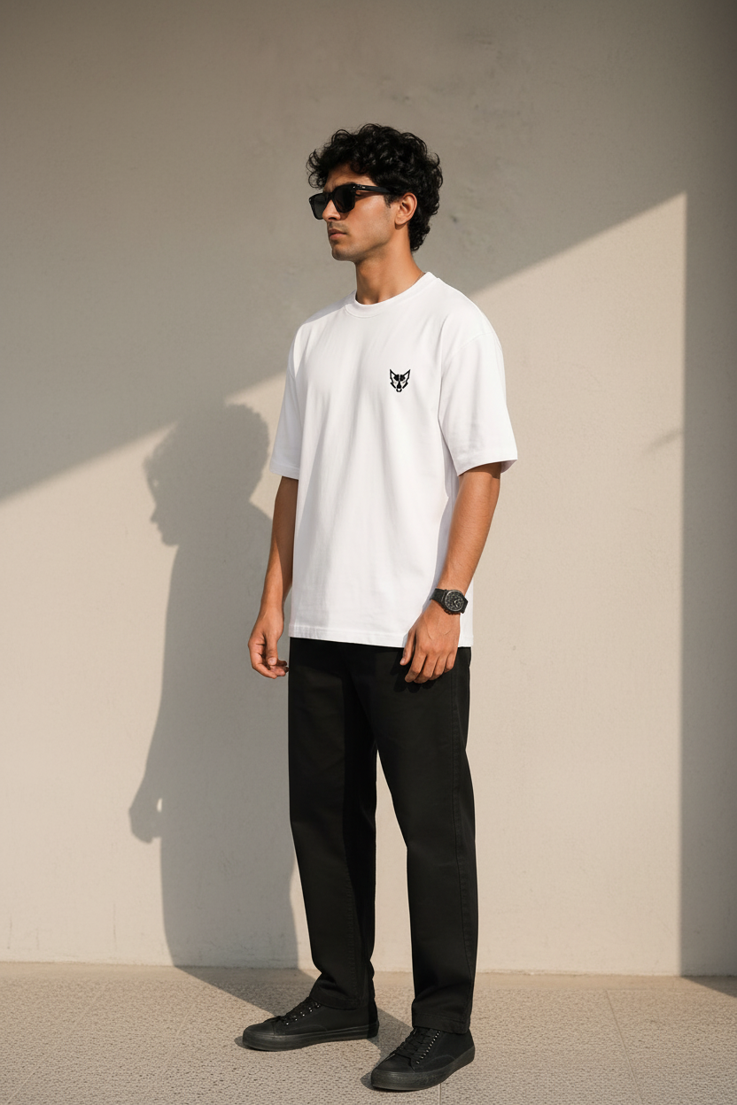 A man wearing a white crewneck t-shirt with a small black wolf head logo on the left chest, paired with black pants and sunglasses, standing against a neutral beige wall.